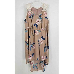 Ophelia Rose Tan Sleeveless Lace Shoulders Floral Hi Low Hem Lined Dress Sz 2X
